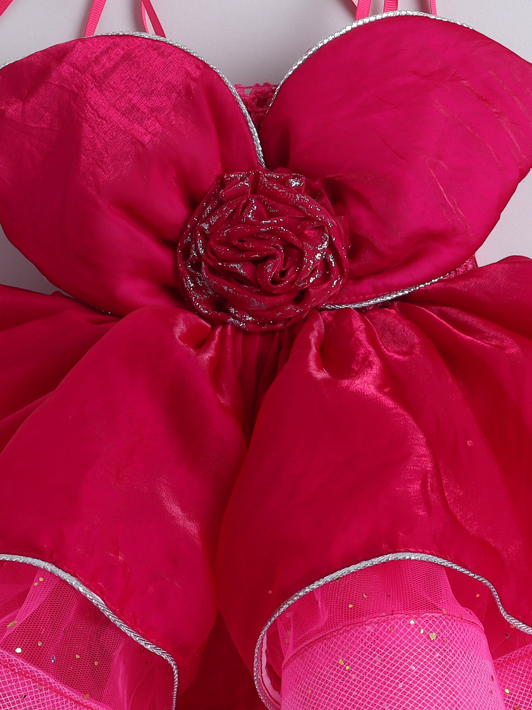 Hot Pink Layered Party Dress with Big Bow & Flower Detail