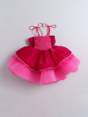 Hot Pink Layered Party Dress with Big Bow & Flower Detail