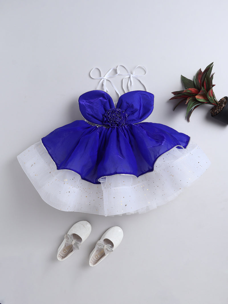 Royal Blue and White Layered Party Dress with Bow & Flower Detail