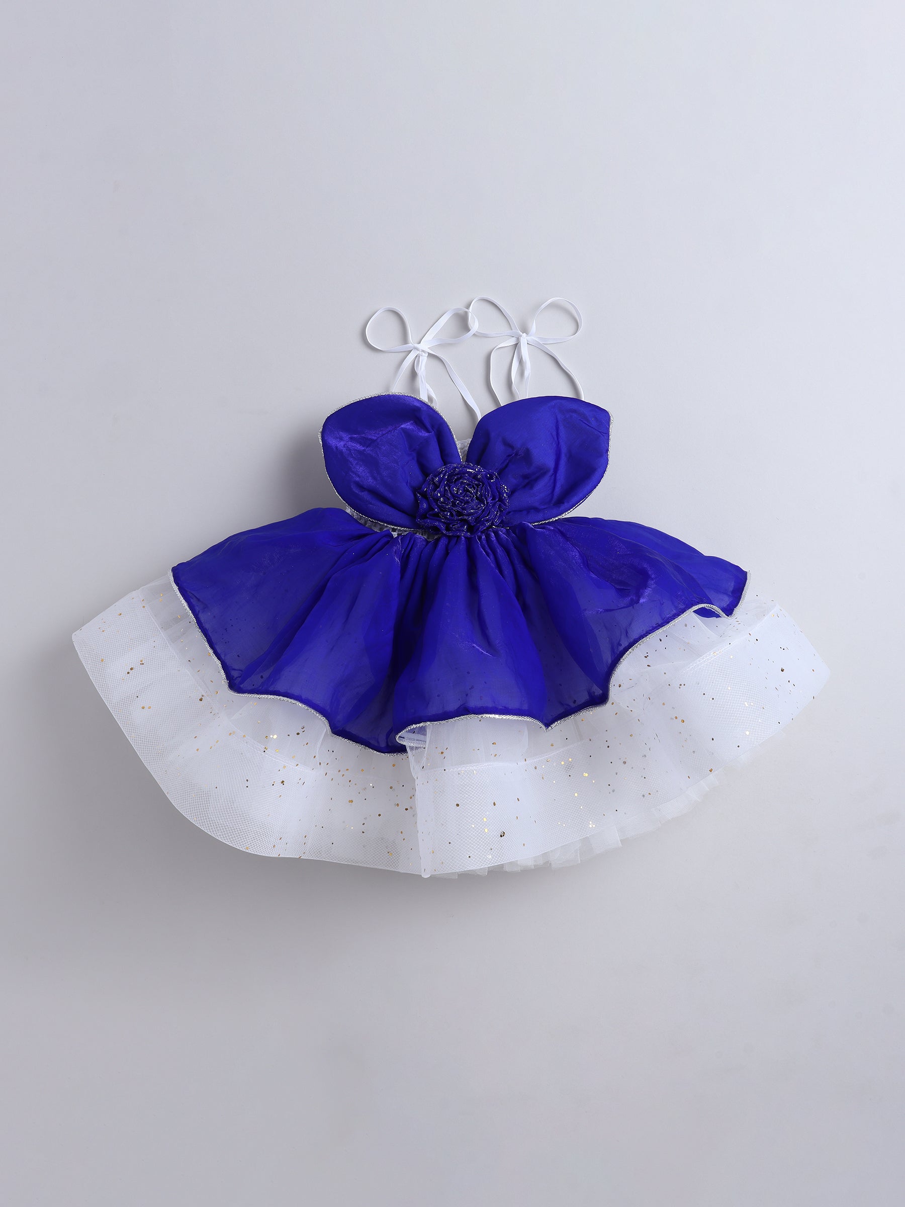 Royal Blue and White Layered Party Dress with Bow & Flower Detail