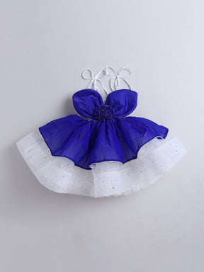 Royal Blue and White Layered Party Dress with Bow & Flower Detail
