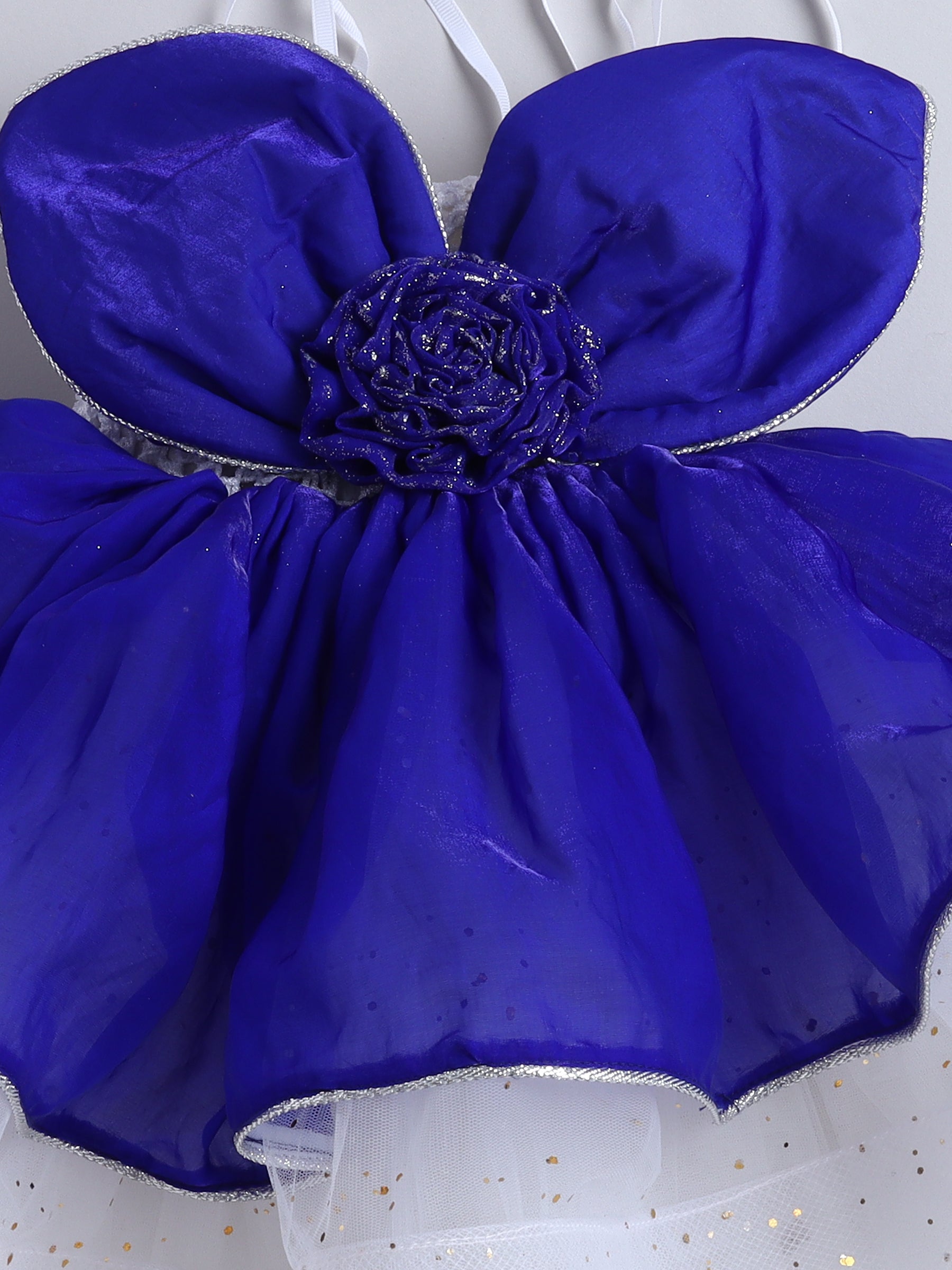 Royal Blue and White Layered Party Dress with Bow & Flower Detail
