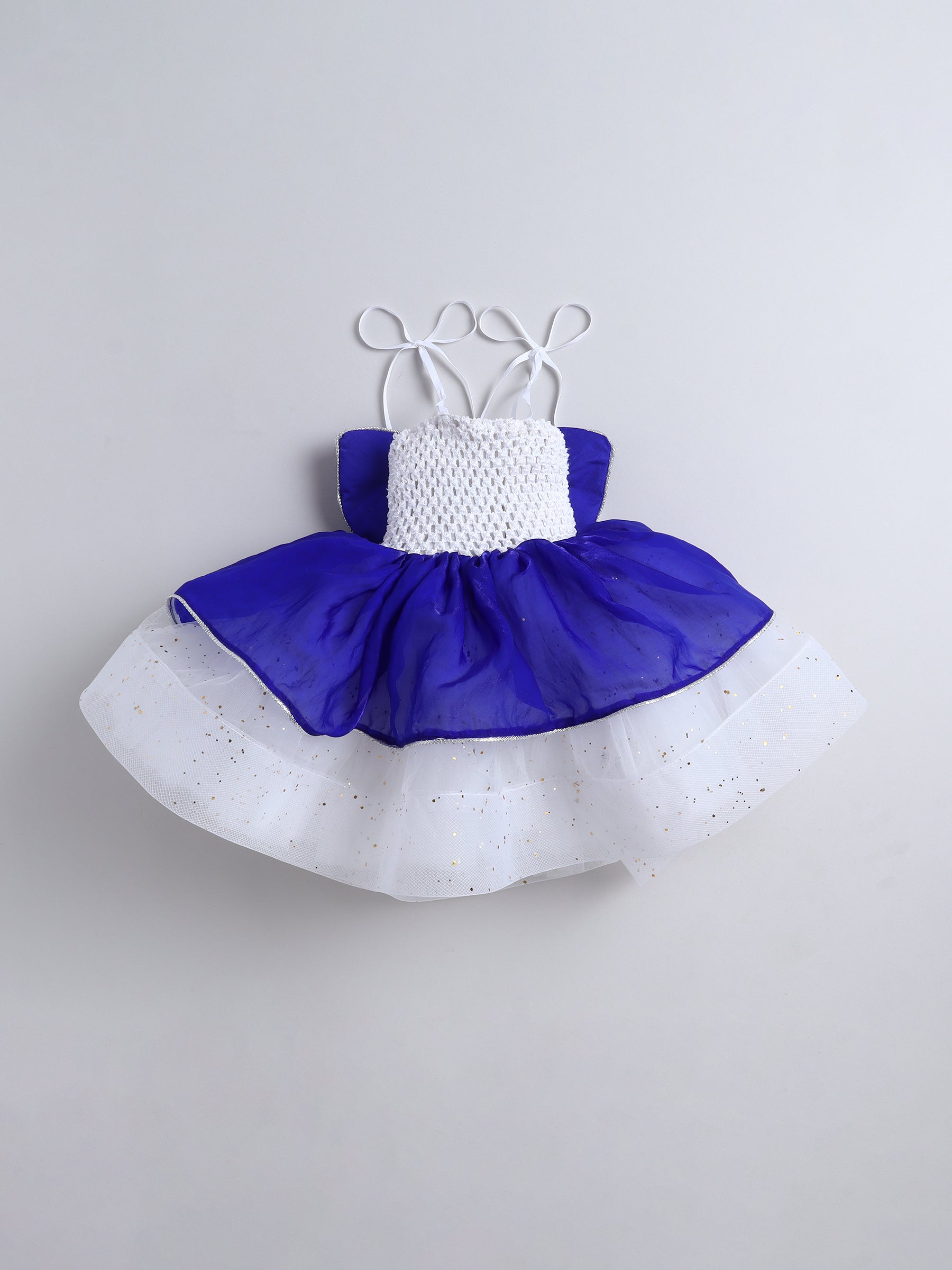 Royal Blue and White Layered Party Dress with Bow & Flower Detail