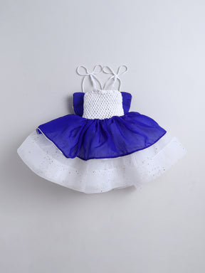 Royal Blue and White Layered Party Dress with Bow & Flower Detail