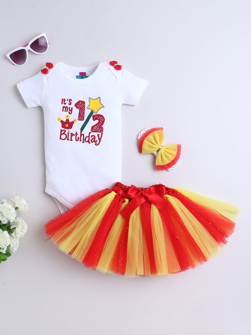 "Half Birthday Outfit Set for Baby Girl – Red & Yellow Star Theme"
