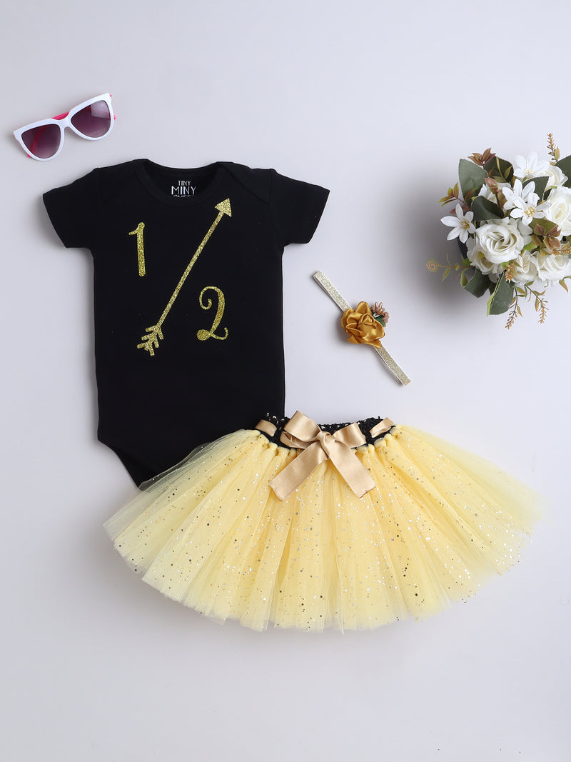 "Half Birthday Outfit Set for Baby Girl – Black & Yellow Theme"
