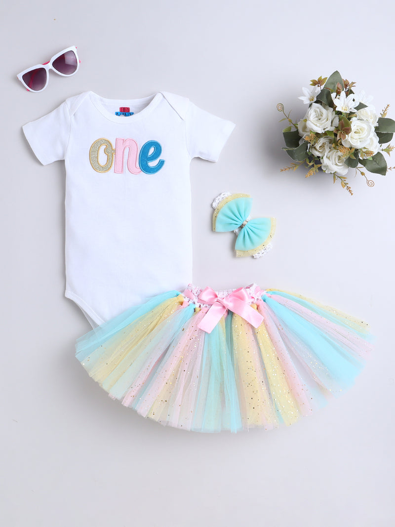 "Pastel Rainbow 1st Birthday Outfit Set for Baby Girl"