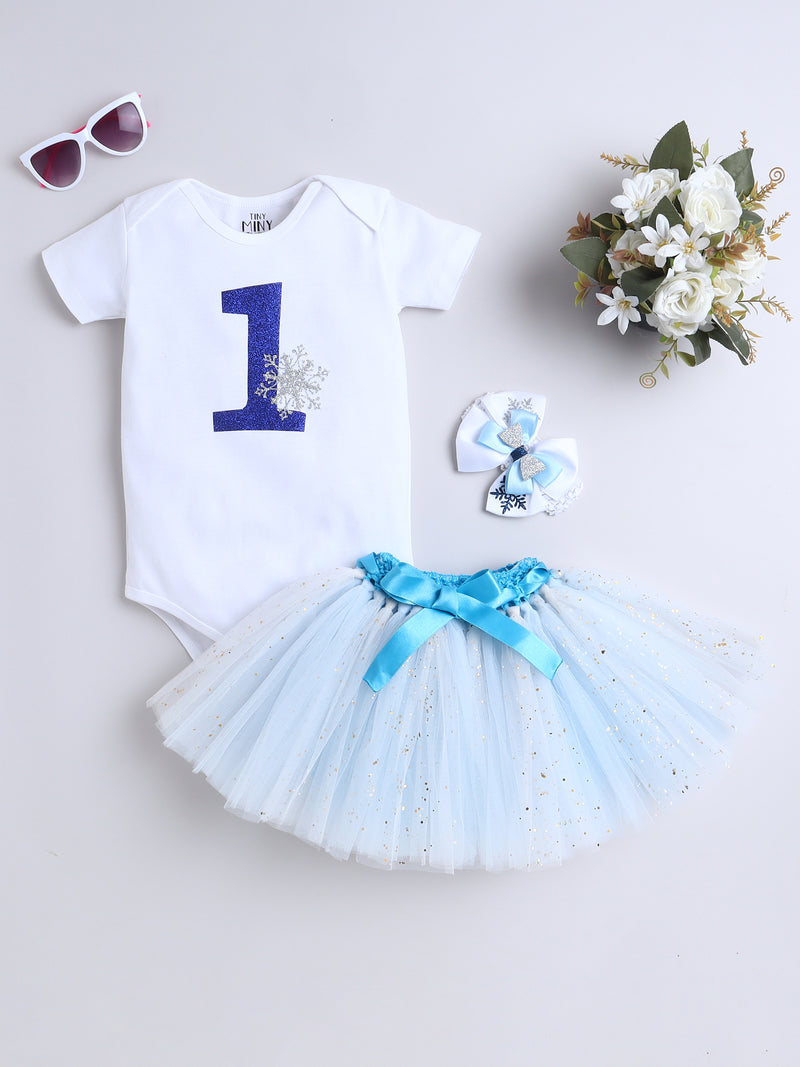 "Snowflake Blue 1st Birthday Outfit Set for Baby Girl"