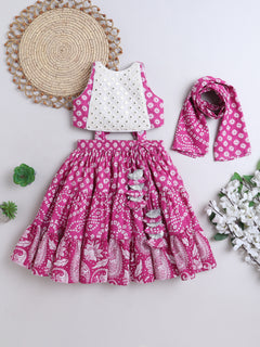 Magenta Bandhani Mirror Work Lehenga Set