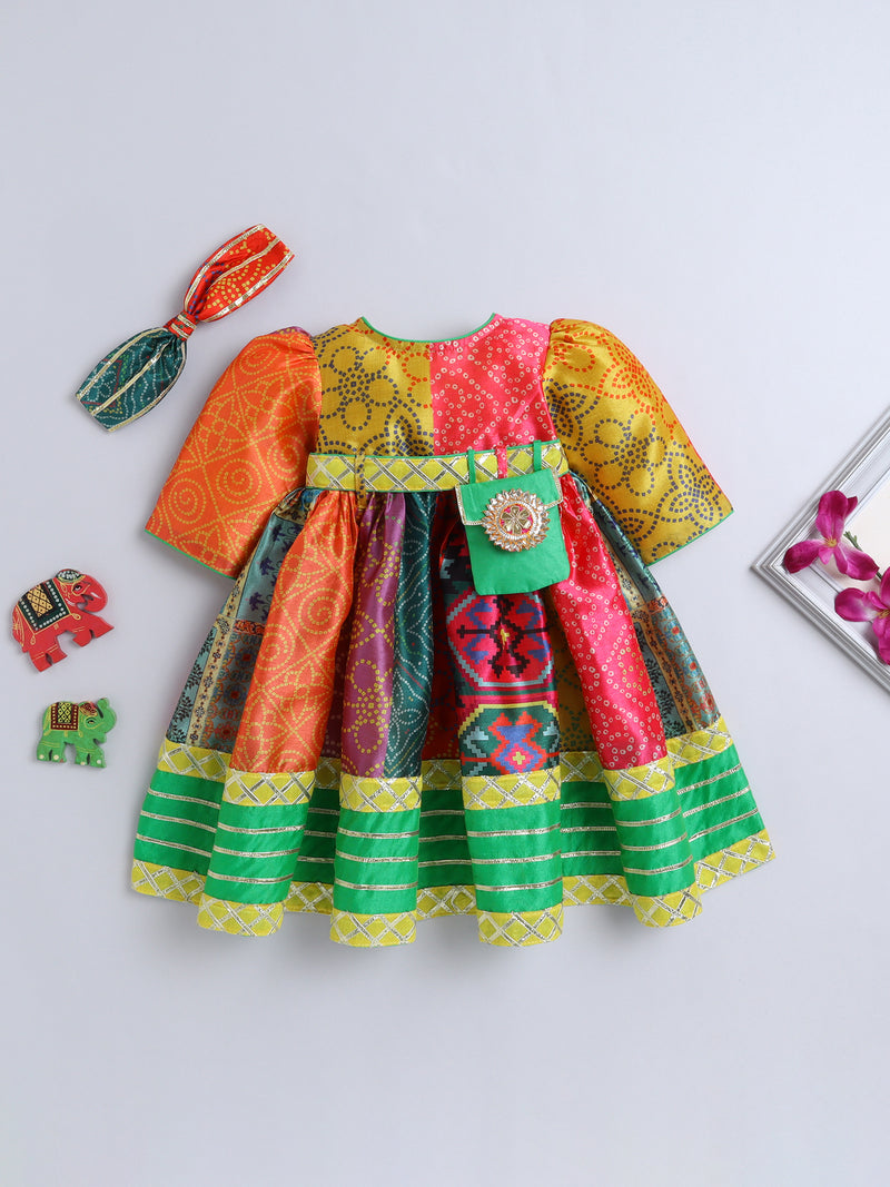 Vibrant Multicolor Patchwork Traditional Dress with Hairband,Waist Belt and Purse