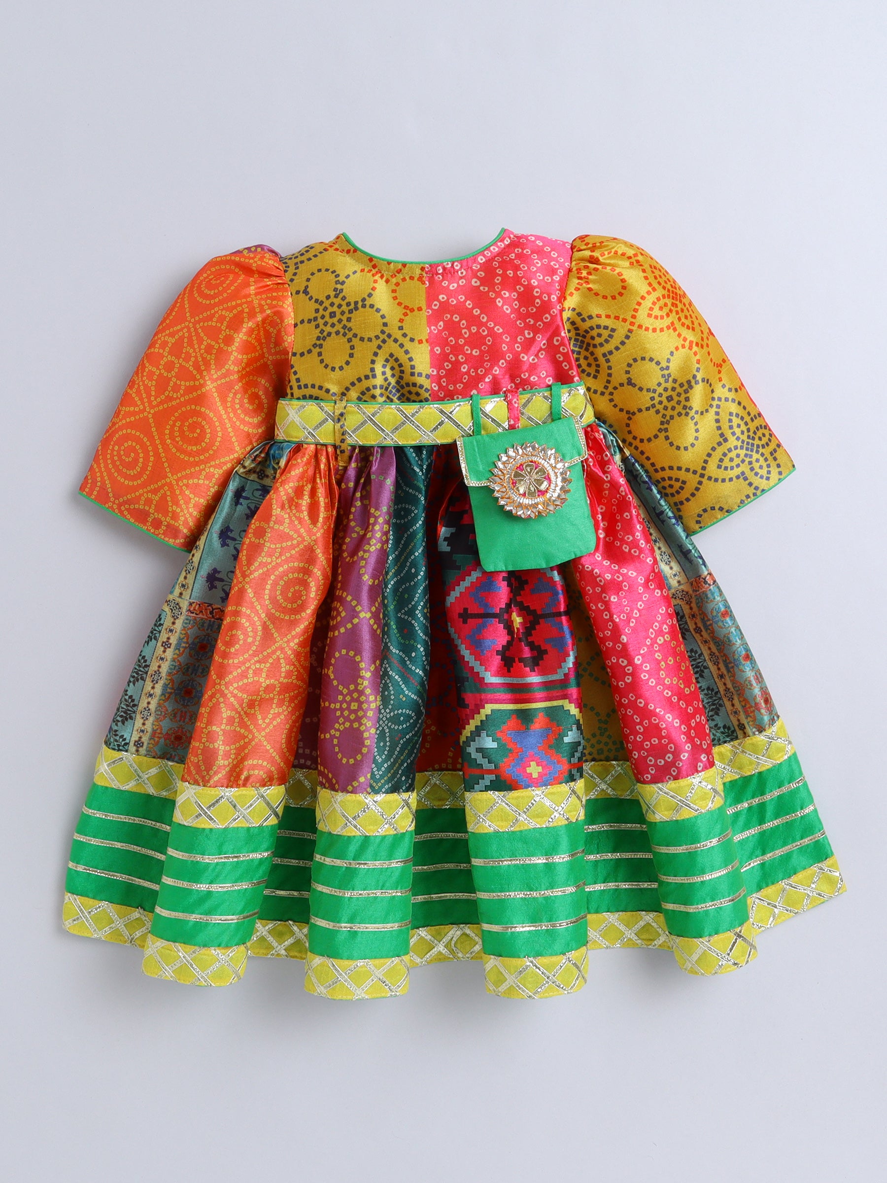 Vibrant Multicolor Patchwork Traditional Dress with Hairband,Waist Belt and Purse