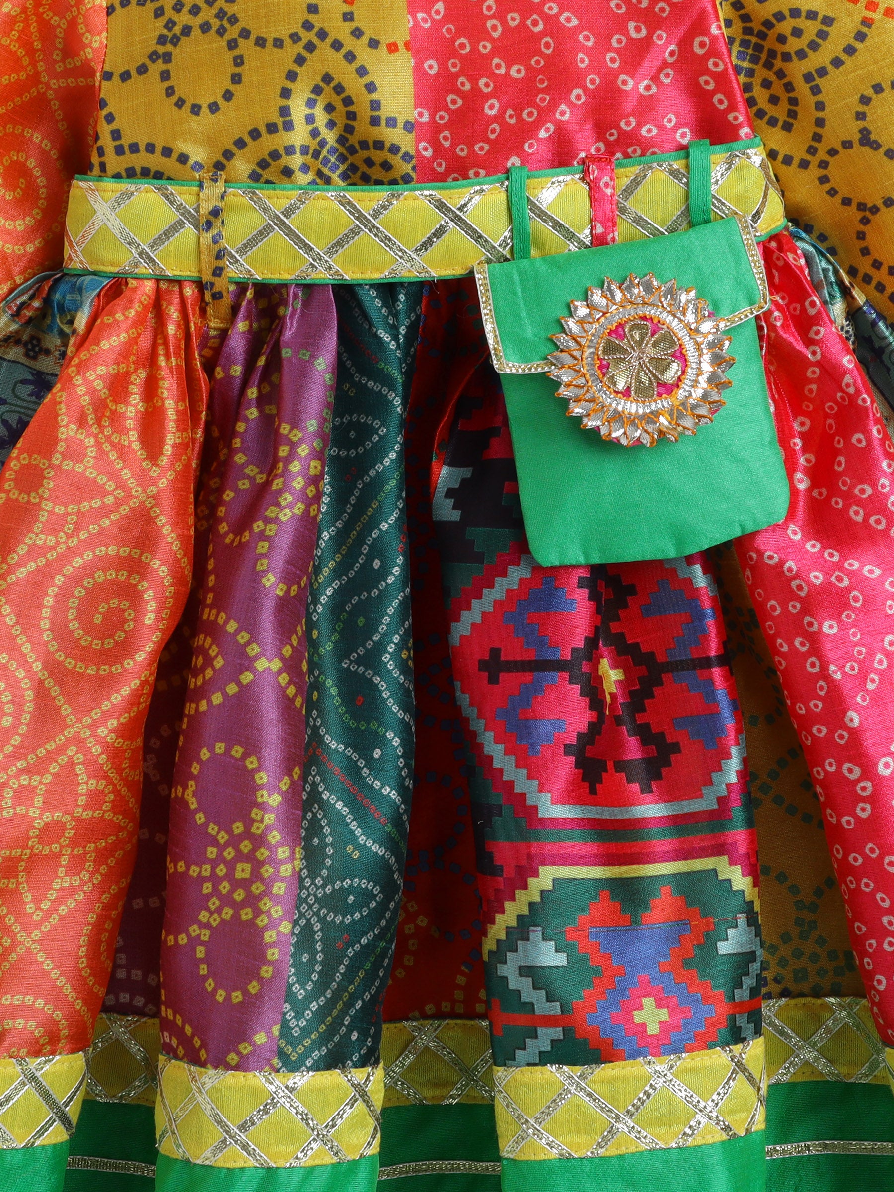 Vibrant Multicolor Patchwork Traditional Dress with Hairband,Waist Belt and Purse