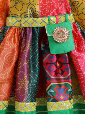 Vibrant Multicolor Patchwork Traditional Dress with Hairband,Waist Belt and Purse