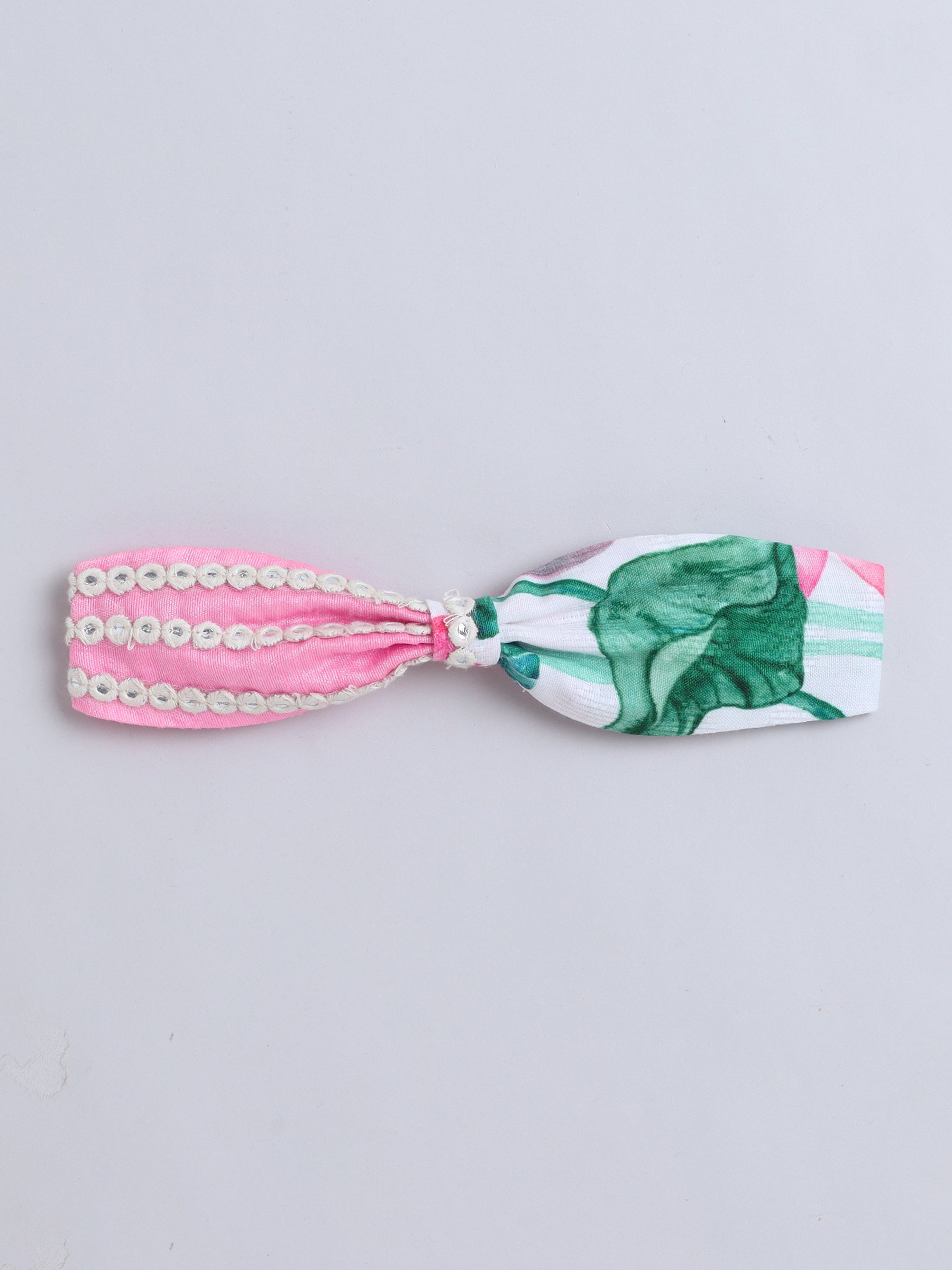 Elegant Pink Lotus Print Traditional Dress with Matching Hairband ,Belt and Hairband for Girls