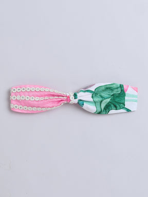Elegant Pink Lotus Print Traditional Dress with Matching Hairband ,Belt and Hairband for Girls