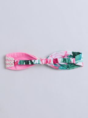 Elegant Pink Lotus Print Traditional Dress with Matching Hairband ,Belt and Hairband for Girls