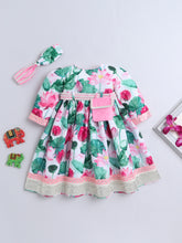 Elegant Pink Lotus Print Traditional Dress with Matching Hairband ,Belt and Hairband for Girls