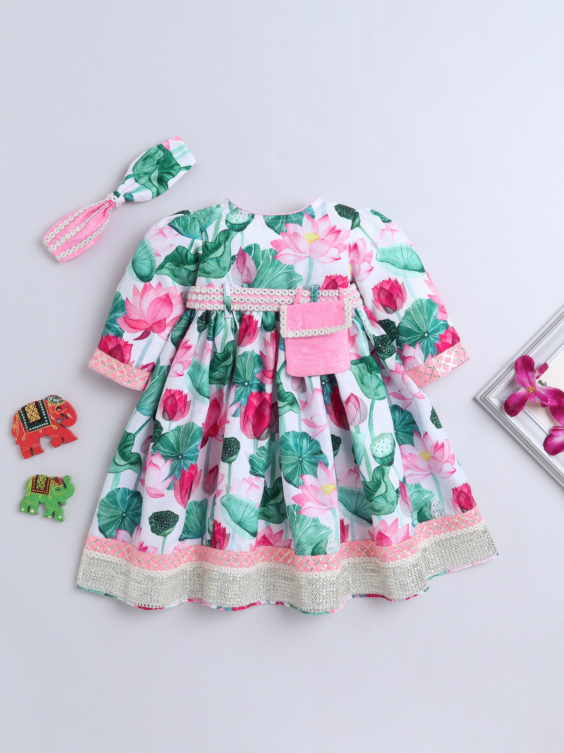 Elegant Pink Lotus Print Traditional Dress with Matching Hairband ,Belt and Hairband for Girls