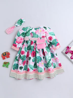 Elegant Pink Lotus Print Traditional Dress with Matching Hairband ,Belt and Hairband for Girls