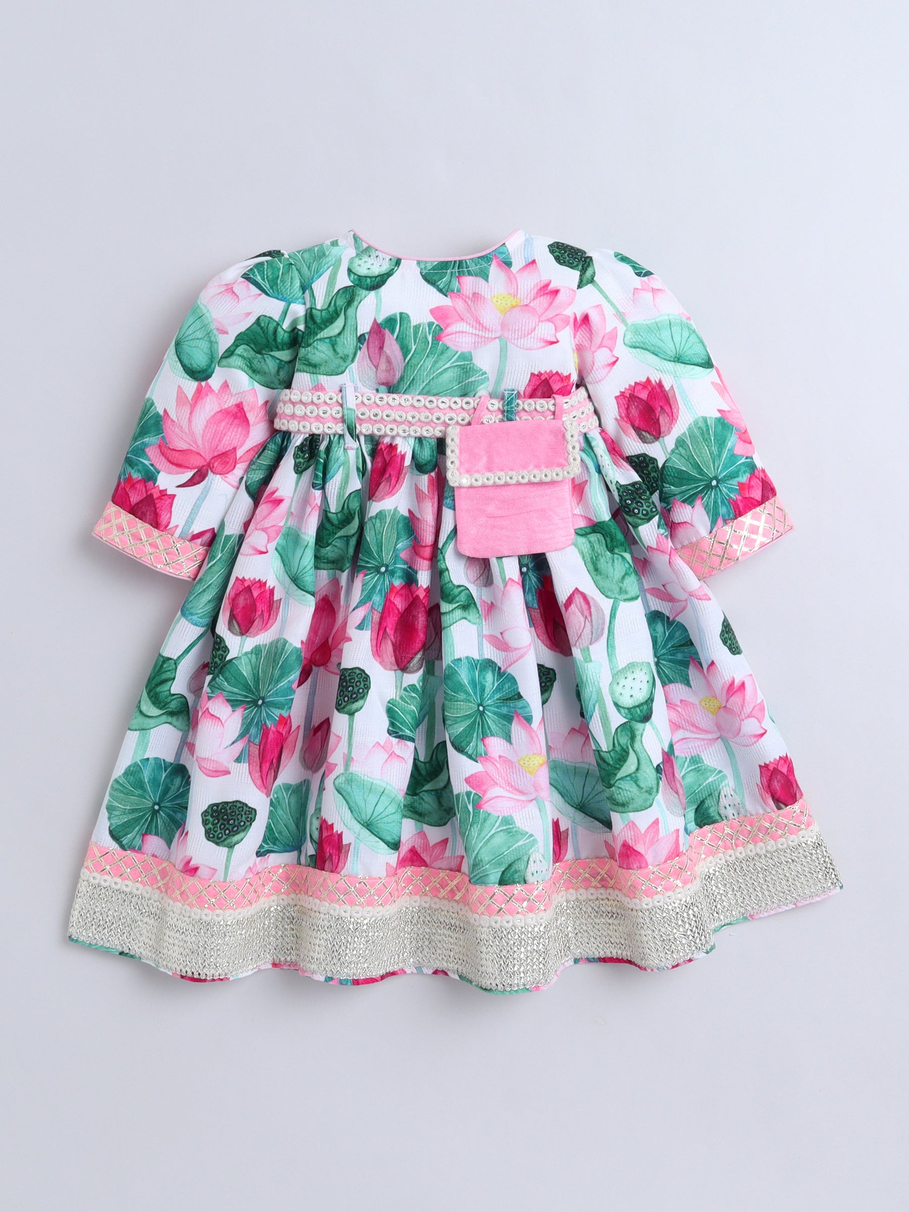 Elegant Pink Lotus Print Traditional Dress with Matching Hairband ,Belt and Hairband for Girls