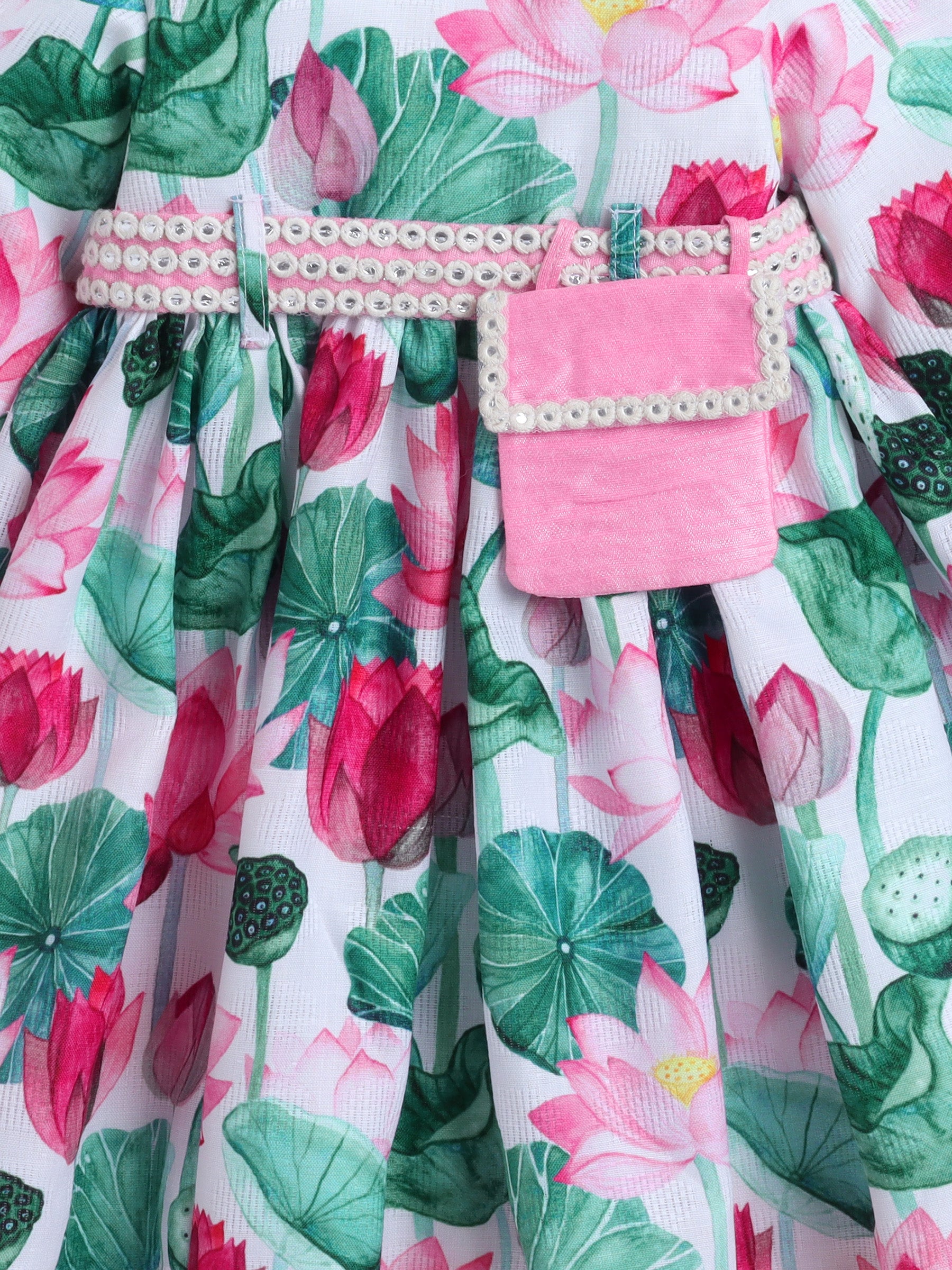 Elegant Pink Lotus Print Traditional Dress with Matching Hairband ,Belt and Hairband for Girls