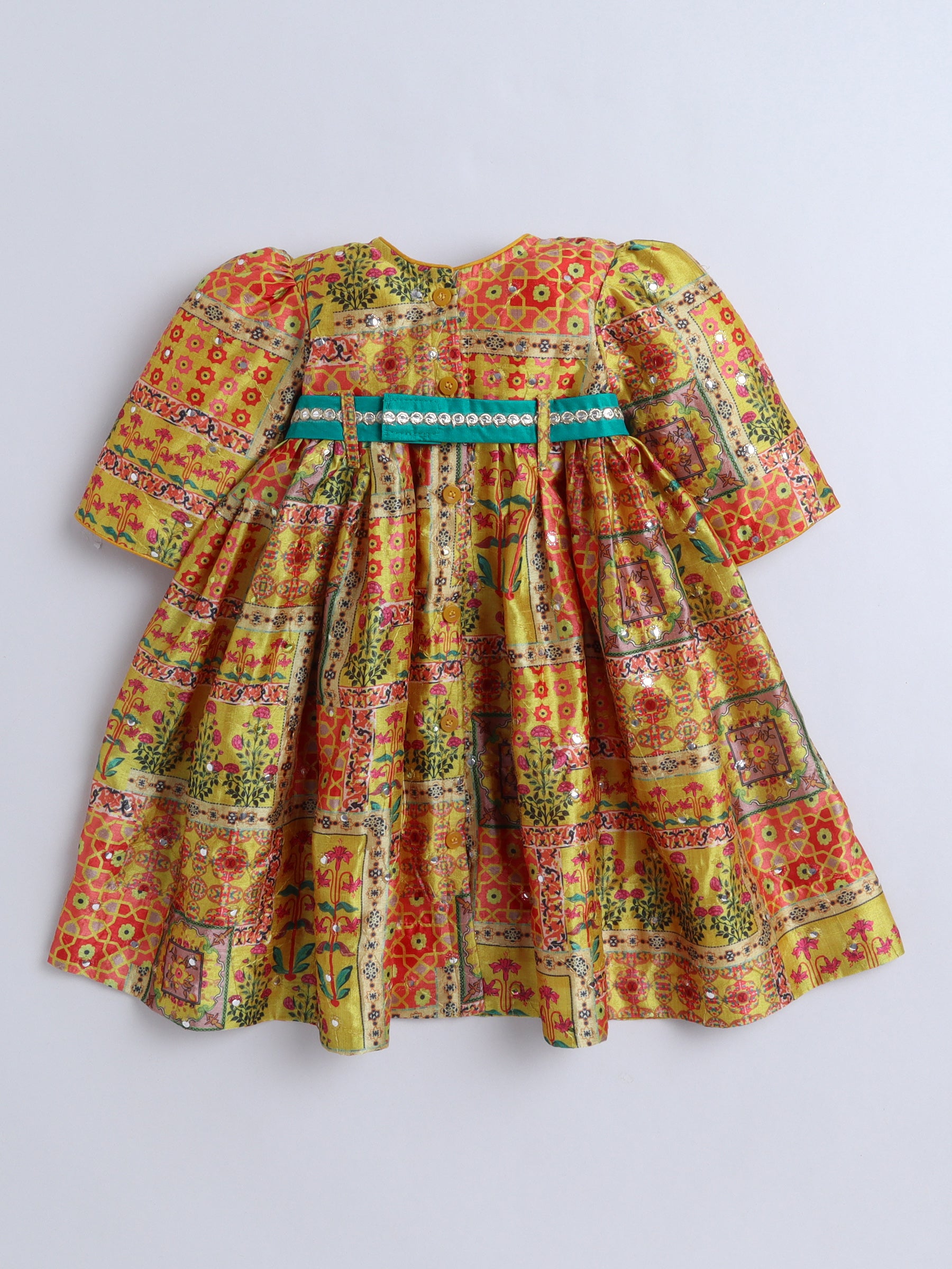 Traditional Yellow Printed Dress with Green Belt & Matching Hairband for Girls
