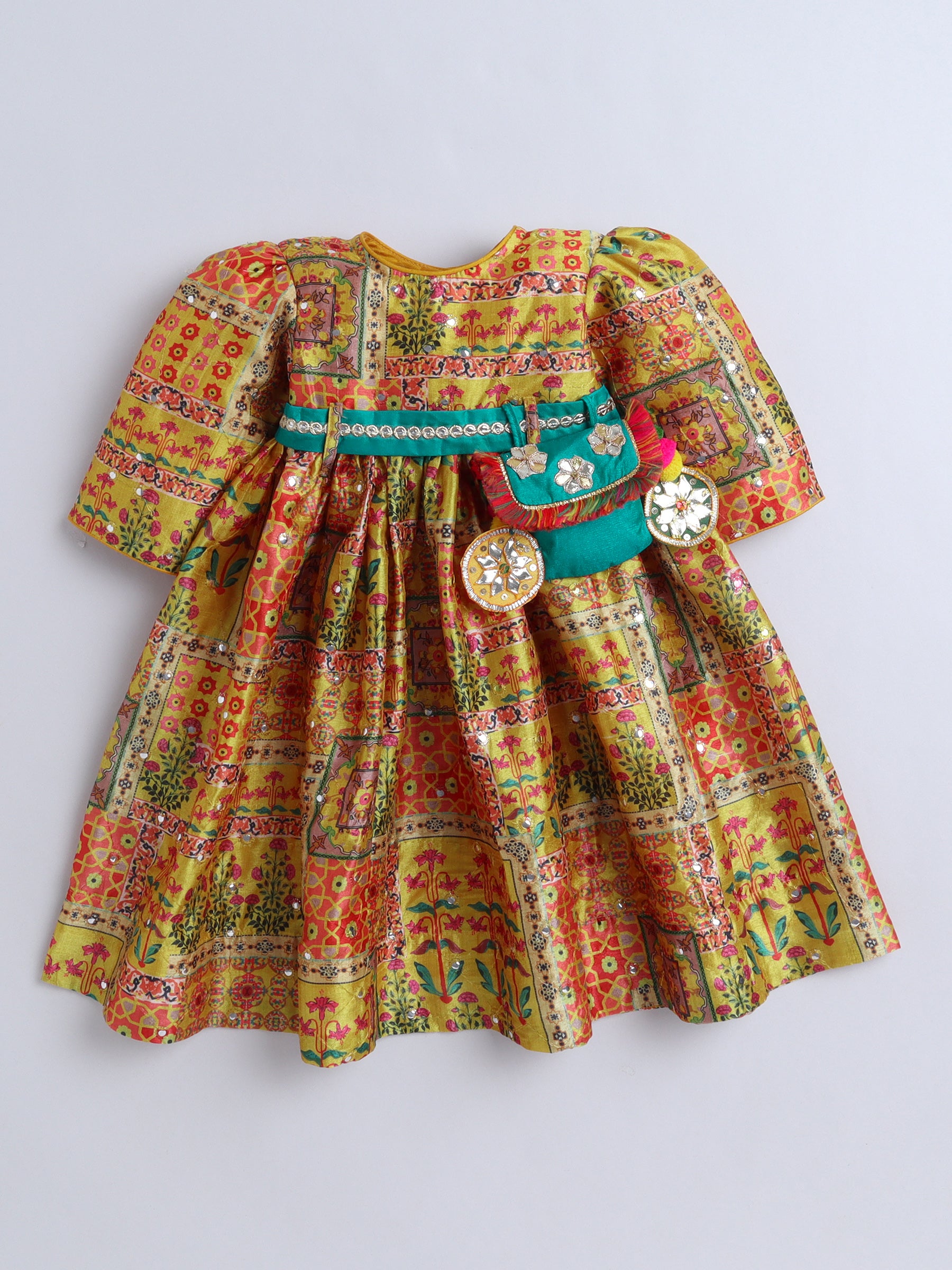 Traditional Yellow Printed Dress with Green Belt & Matching Hairband for Girls