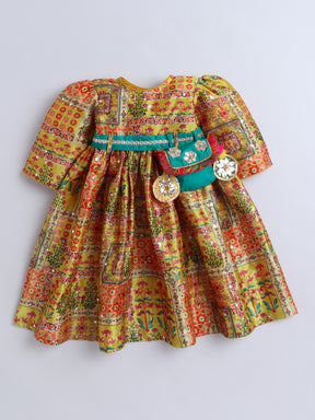 Traditional Yellow Printed Dress with Green Belt & Matching Hairband for Girls