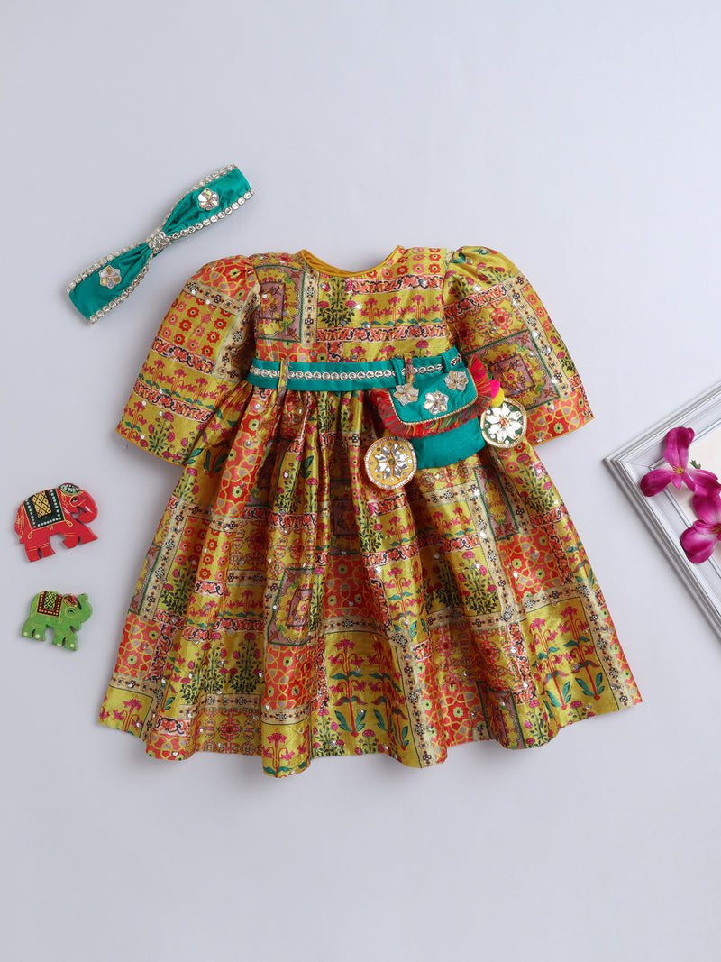 Traditional Yellow Printed Dress with Green Belt & Matching Hairband for Girls