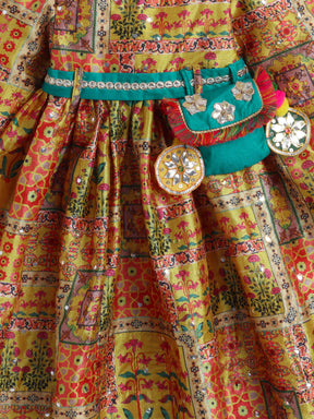 Traditional Yellow Printed Dress with Green Belt & Matching Hairband for Girls