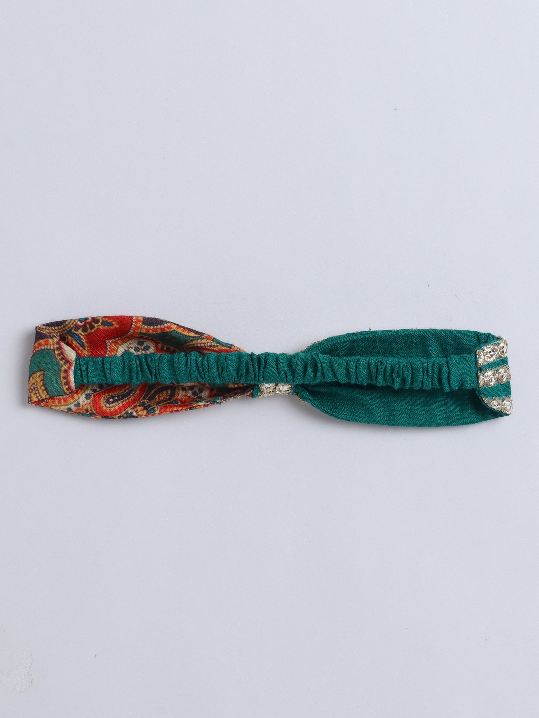 Rust Orange Paisley Print Traditional Dress with Green Border & Matching Hairband for Girls