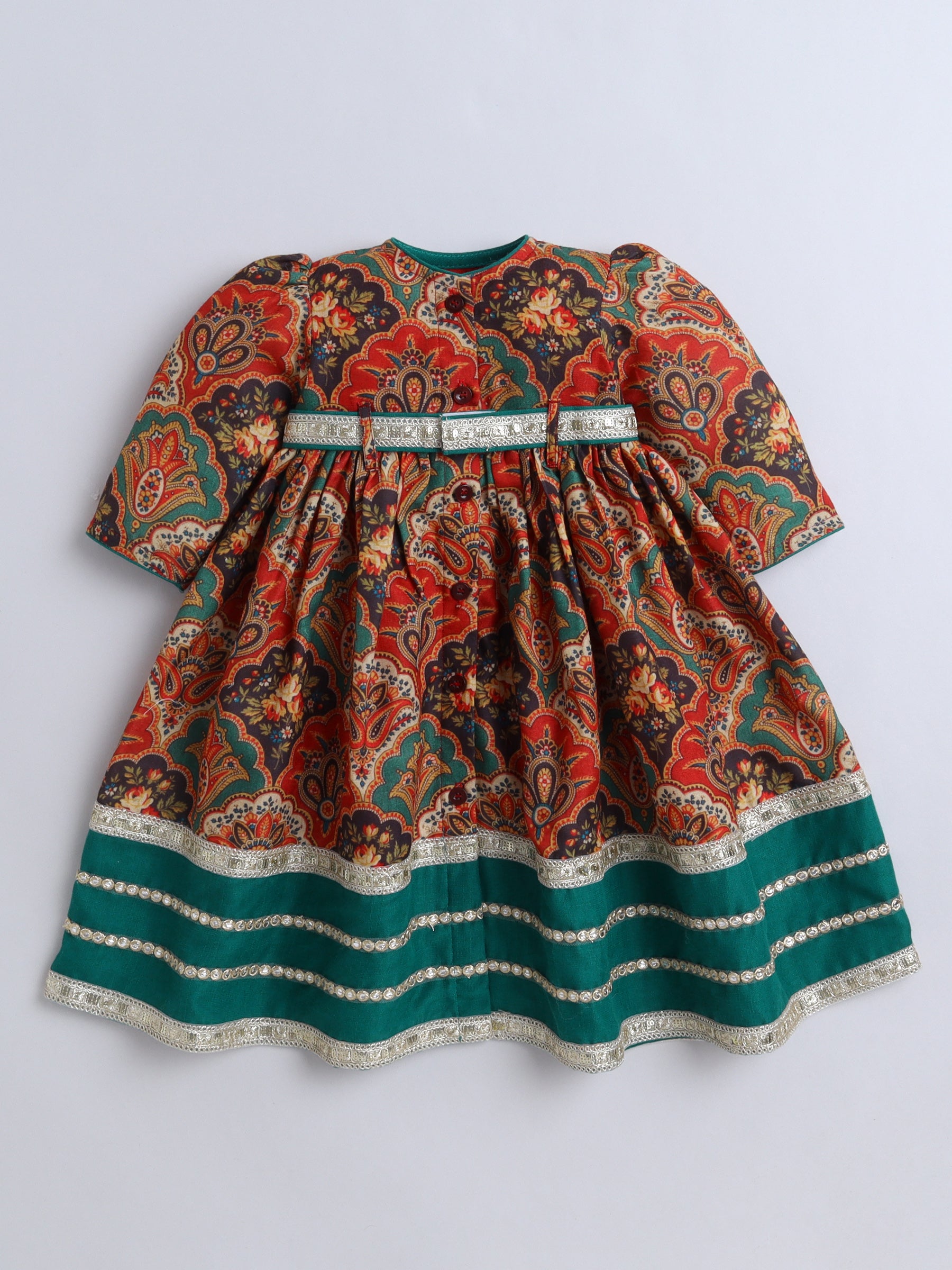 Rust Orange Paisley Print Traditional Dress with Green Border & Matching Hairband for Girls