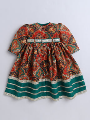 Rust Orange Paisley Print Traditional Dress with Green Border & Matching Hairband for Girls