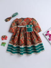 Rust Orange Paisley Print Traditional Dress with Green Border & Matching Hairband for Girls