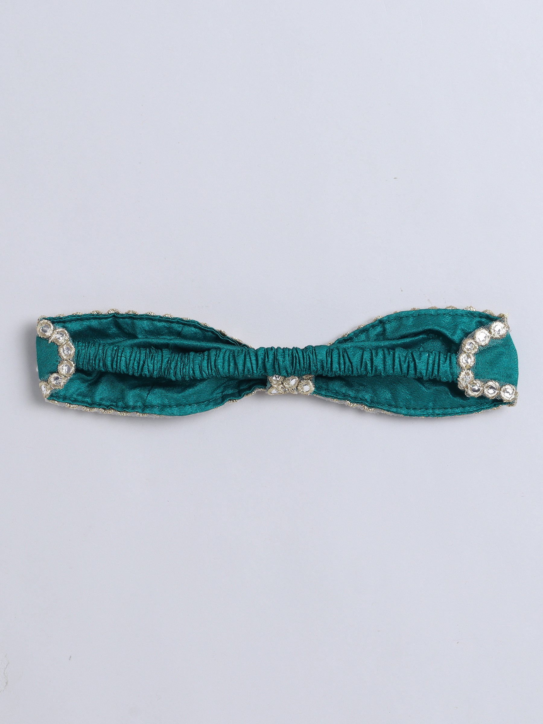 Red Mirror Work Traditional Dress with Green Belt & Matching Hairband for Girls