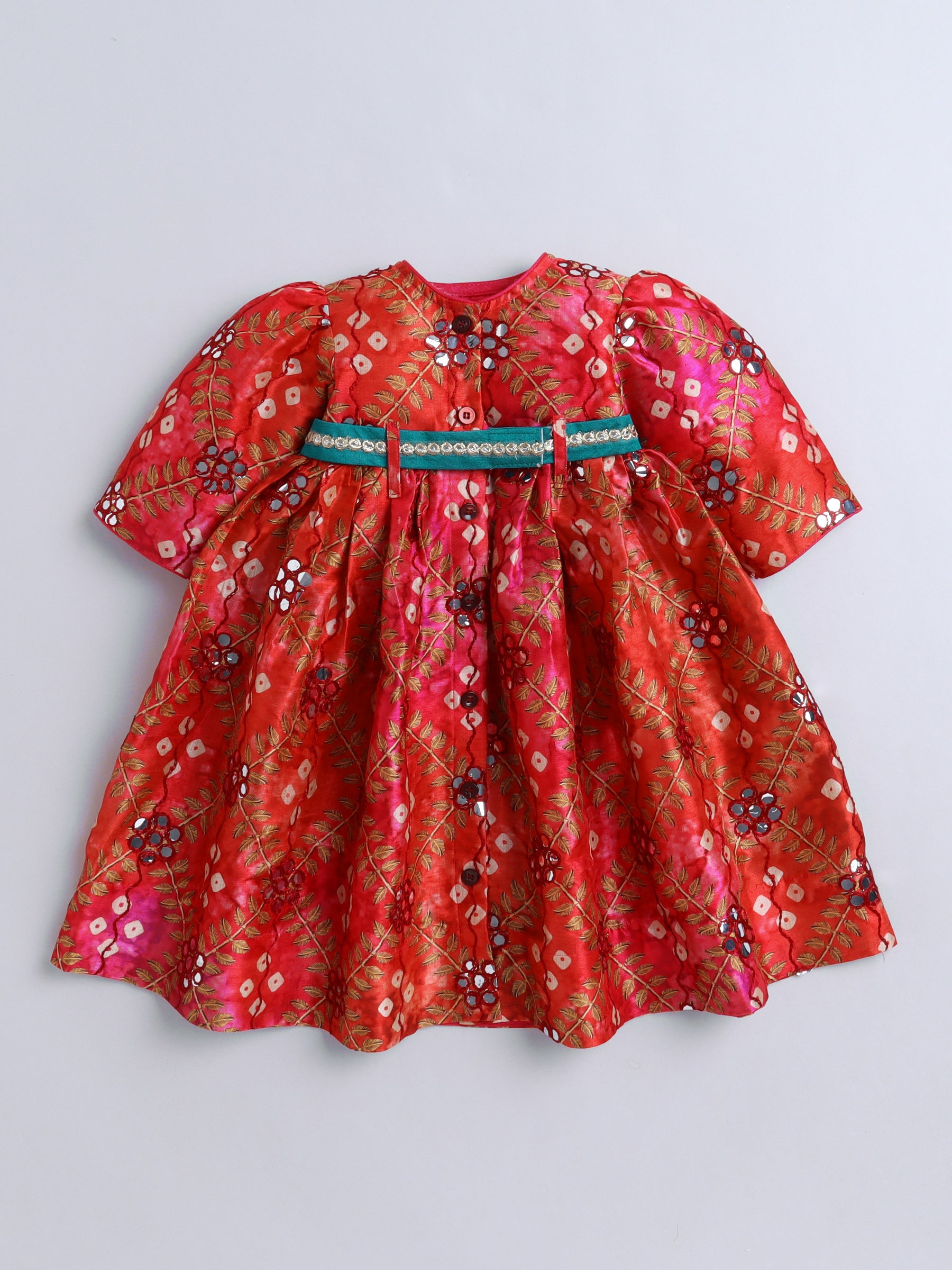 Red Mirror Work Traditional Dress with Green Belt & Matching Hairband for Girls