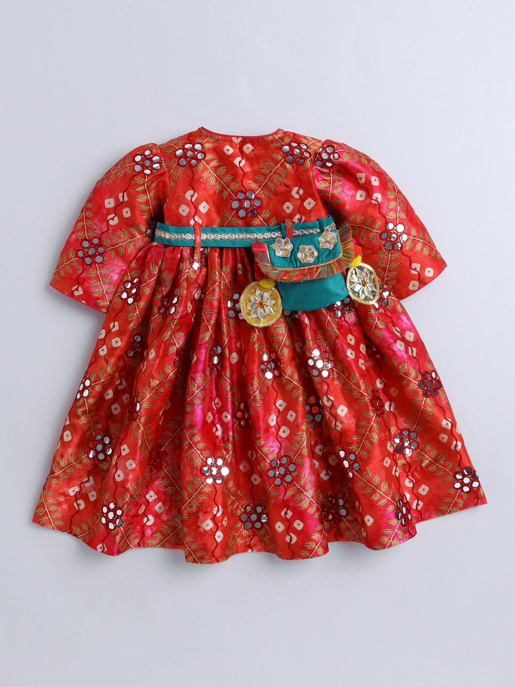 Red Mirror Work Traditional Dress with Green Belt & Matching Hairband for Girls