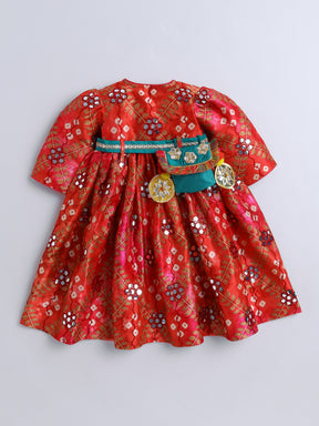 Red Mirror Work Traditional Dress with Green Belt & Matching Hairband for Girls