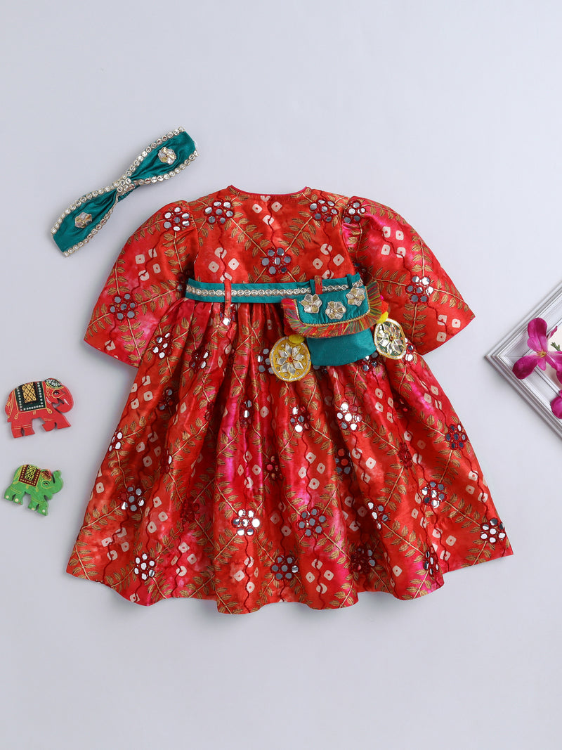 Red Mirror Work Traditional Dress with Green Belt & Matching Hairband for Girls
