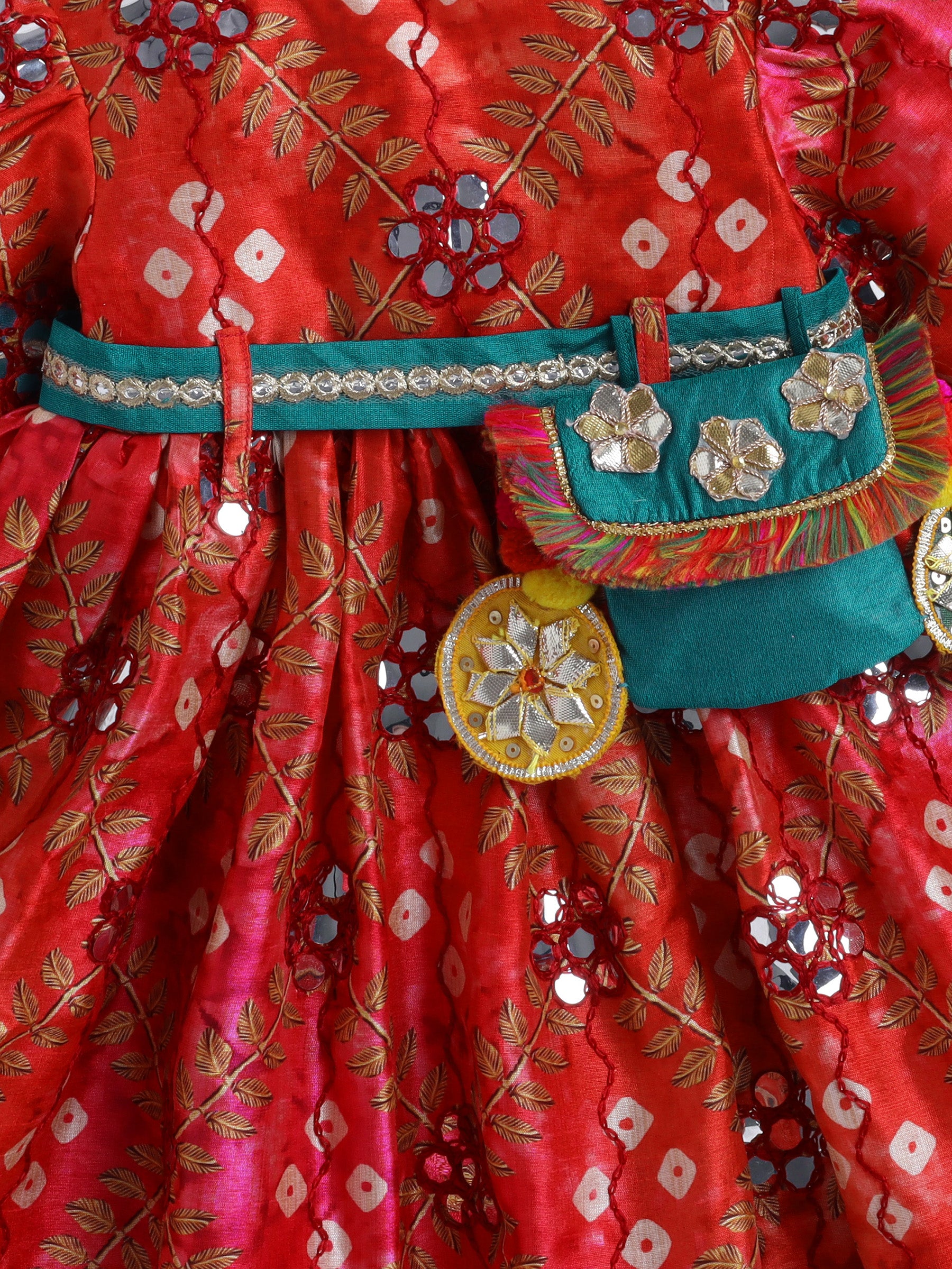 Red Mirror Work Traditional Dress with Green Belt & Matching Hairband for Girls