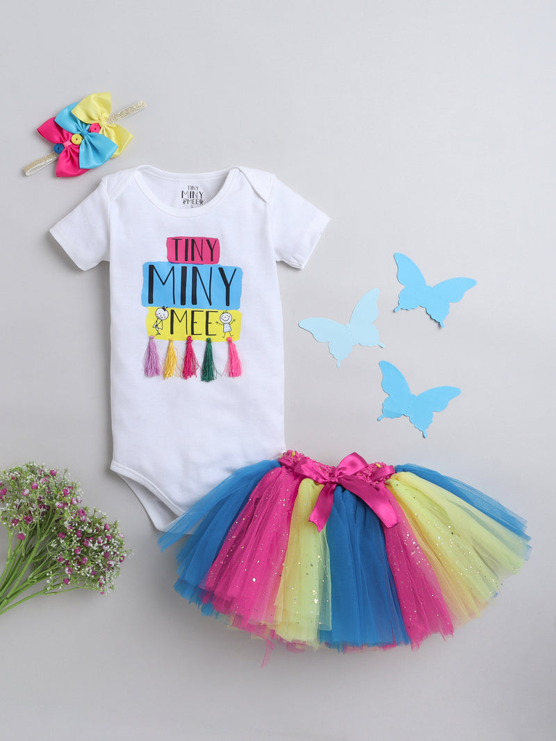 TINY MINY MEE , TMM TASSELS BODYSUIT , SKIRT AND HAIRBAND SET - WHITE