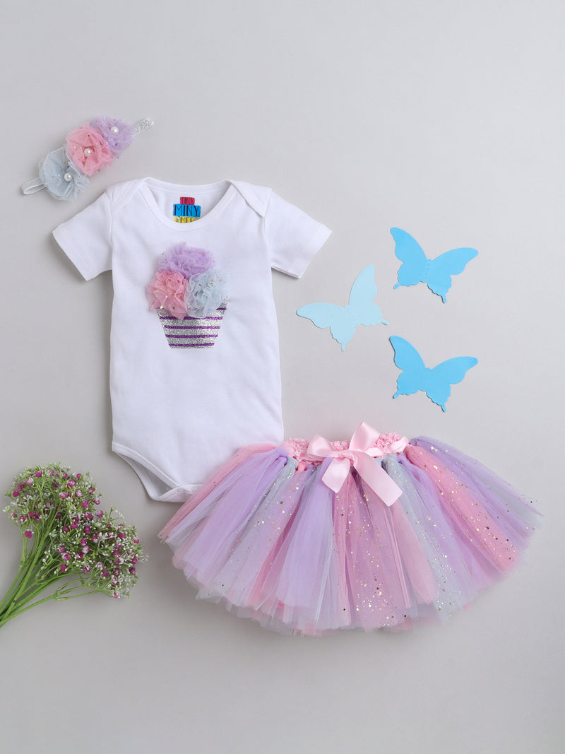 TINY MINY MEE FLORAL MULTICOLORED CUPCAKE BODYSUIT , SKIRT AND HAIRBAND - WHITE