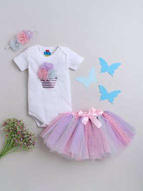 TINY MINY MEE FLORAL MULTICOLORED CUPCAKE BODYSUIT , SKIRT AND HAIRBAND - WHITE