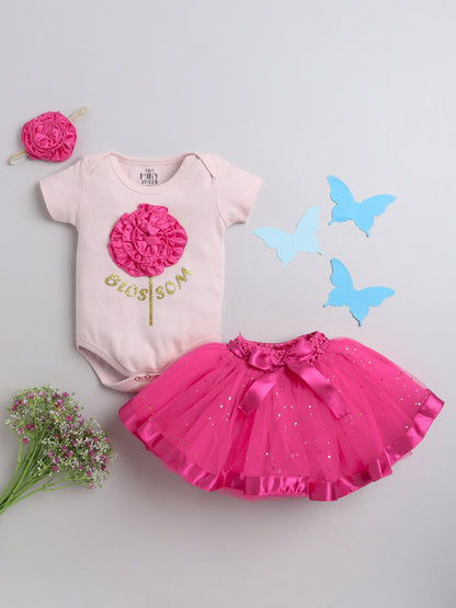 TINY MINY MEE BLOSSOM BODYSUIT , SKIRT & HAIRBAND SET - PINK