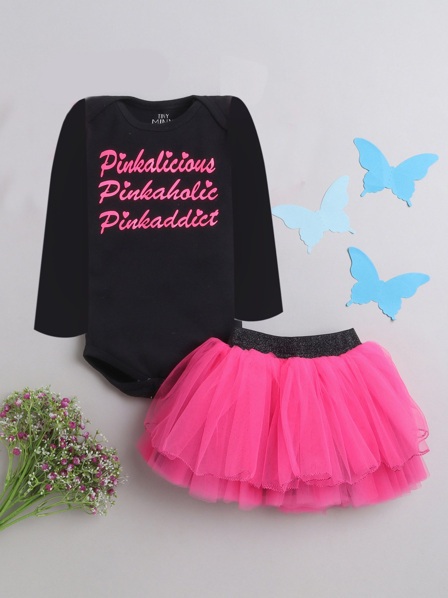 TINY MINY MEE PINKALICIOUS GIRL BODYSUIT, AND SKIRT SET- BLACK