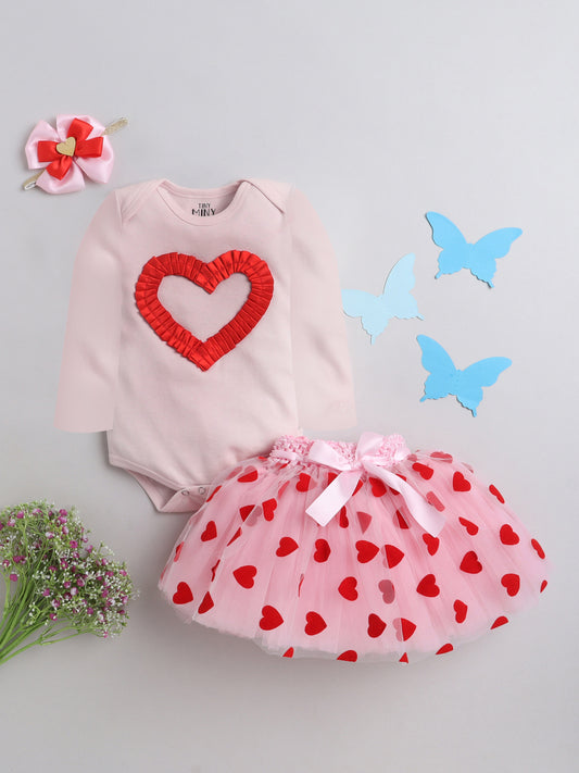 TINY MINY MEE LOVE FRILLED HEART  BODYSUIT , SKIRT AND HAIRBAND-PINK