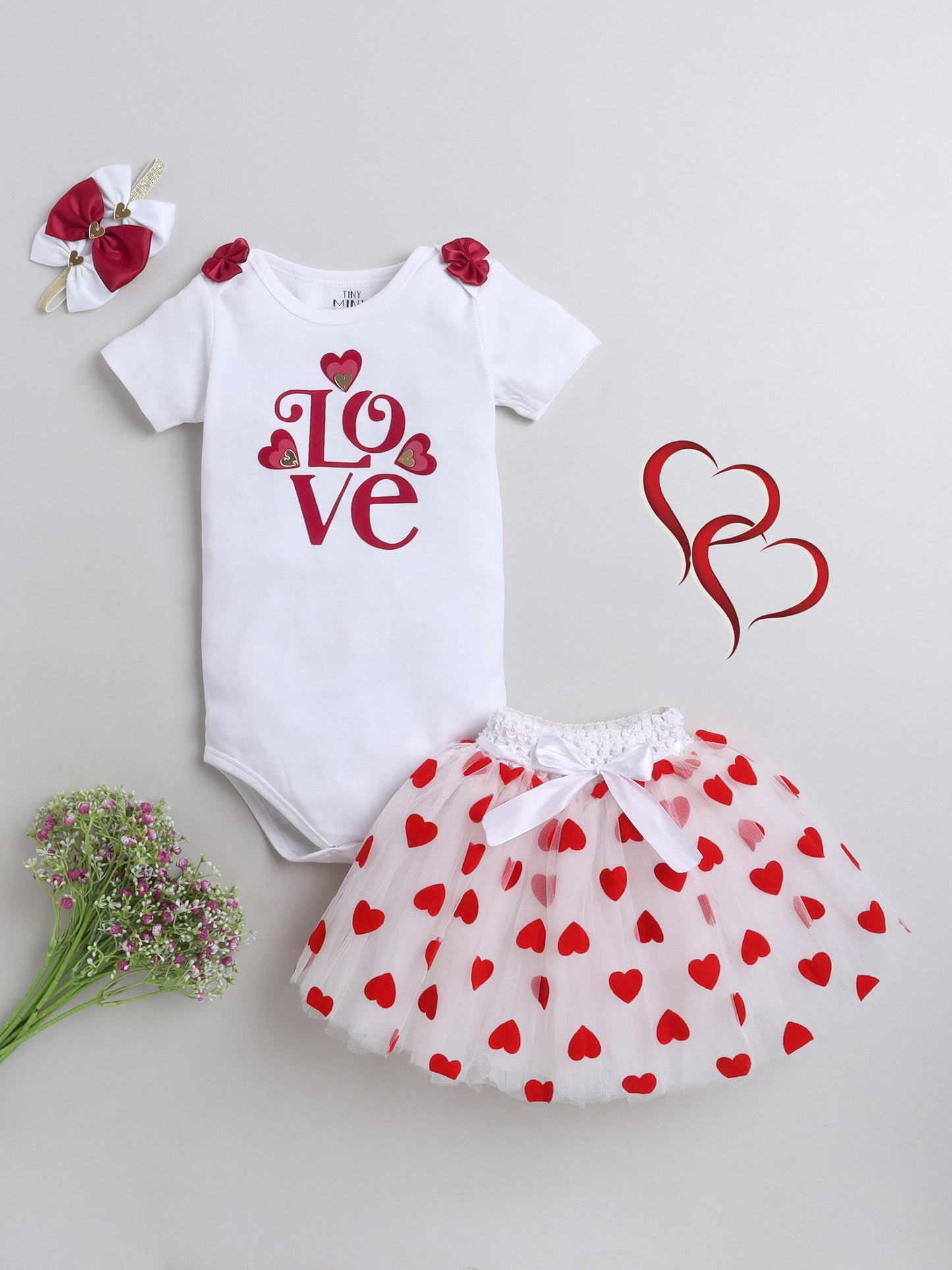 TINY MINY MEE LOVE HEART BODYSUIT , SKIRT AND HAIRBAND-WHITE