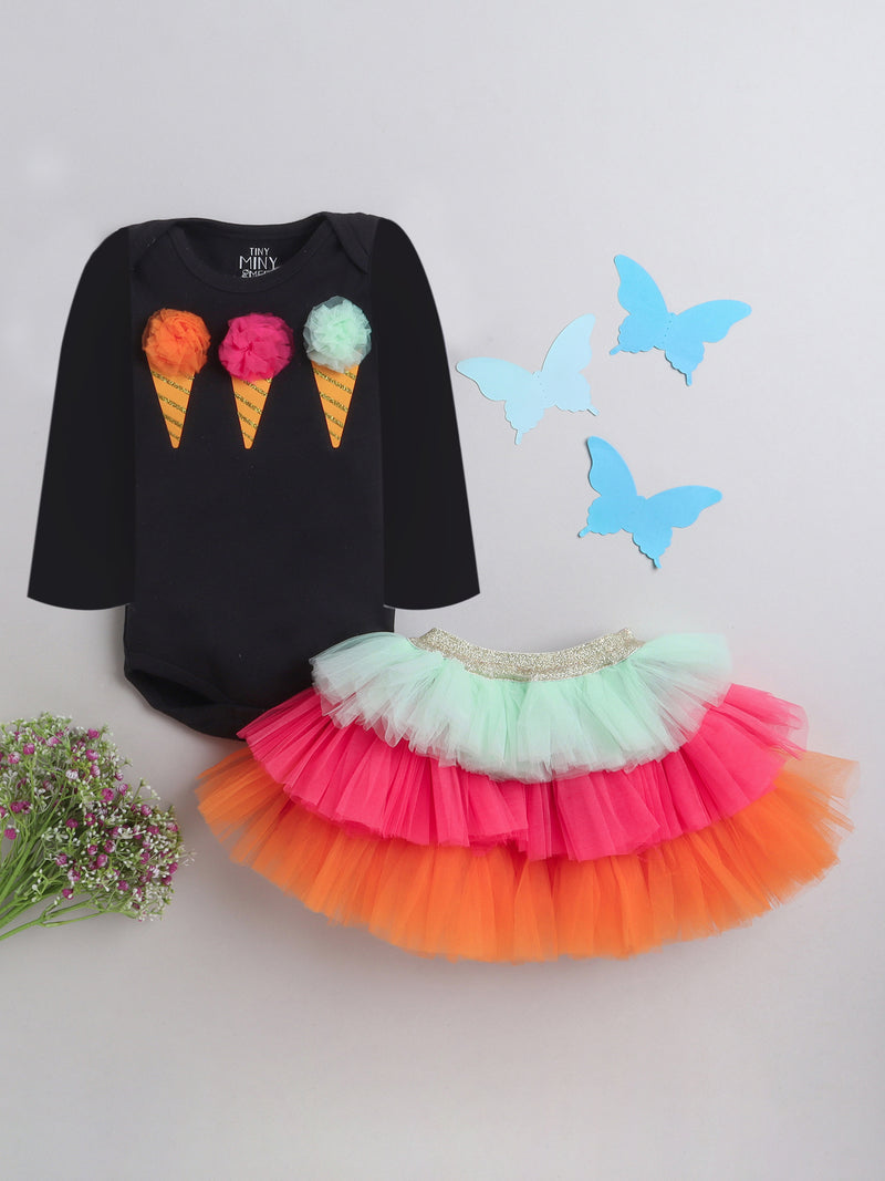 TINY MINY MEE ICE CREAM CONE BODYSUIT AND SKIRT SET-BLACK