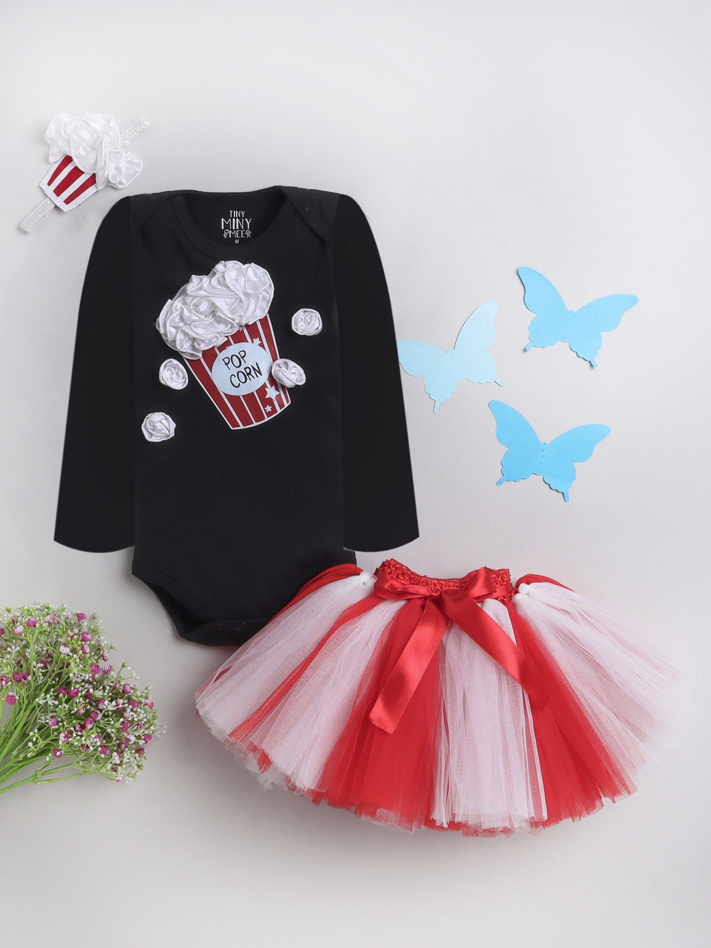 TINY MINY MEE POP CORN EMBELLISHED BODYSUIT AND SKIRT SET - BLACK