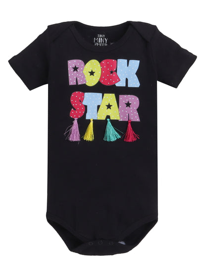 TINY MINY MEE ROCKSTAR PRINTED TASSELED BODYSUIT , SKIRT & HAIRBAND-BLACK